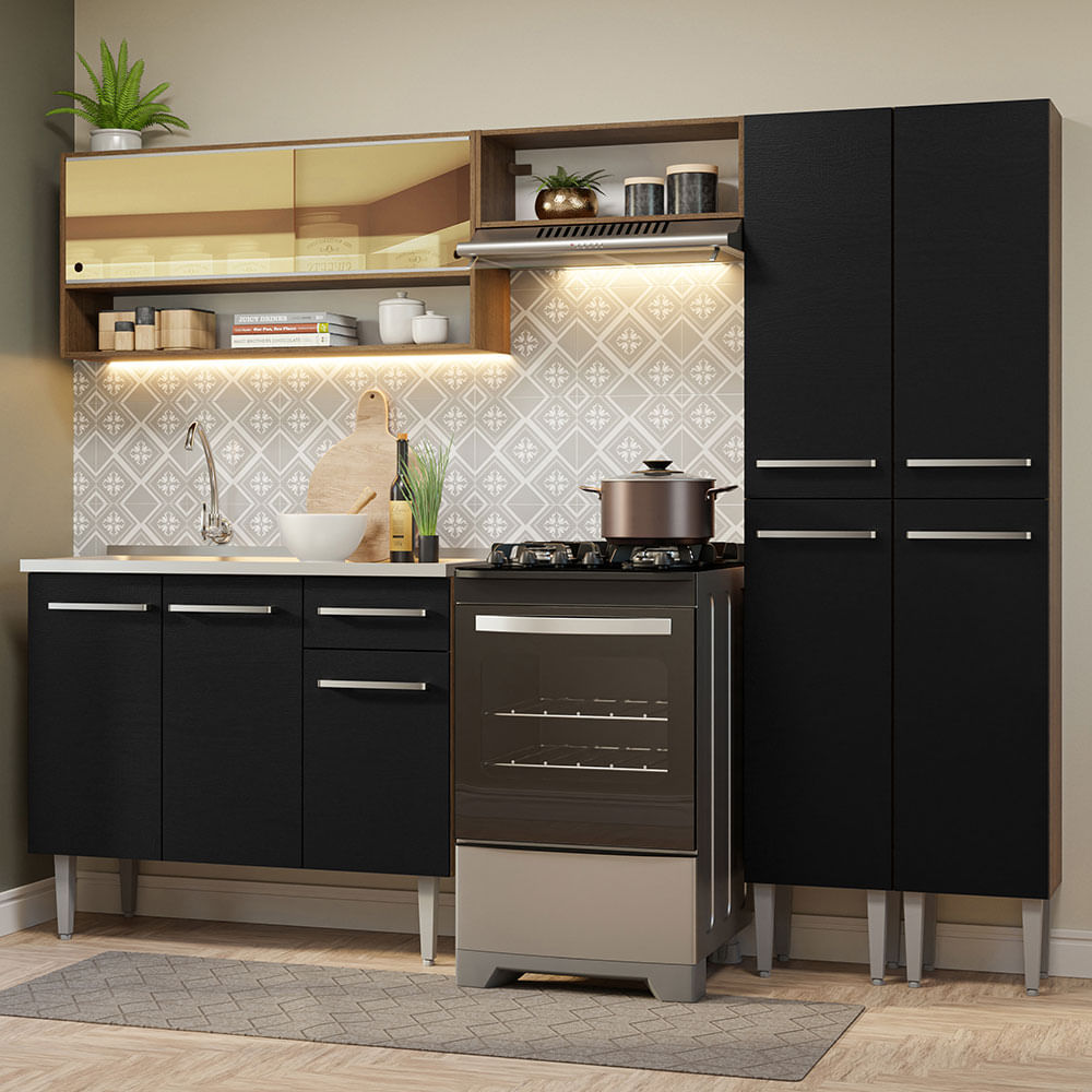 Armário de Cozinha Compacta 229cm com Pia Rustic/Preto Emilly Madesa 11 - Rustic/Preto