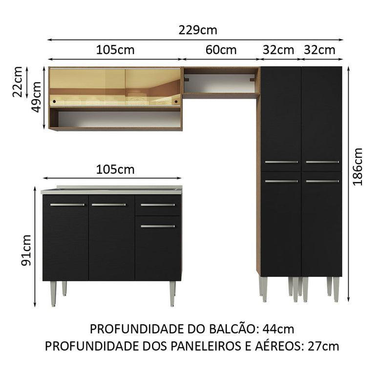 Armário de Cozinha Compacta 229cm com Pia Rustic/Preto Emilly Madesa 11