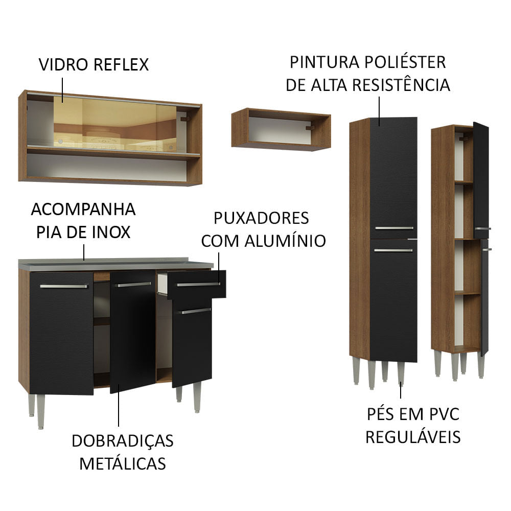 Armário de Cozinha Compacta 229cm com Pia Rustic/Preto Emilly Madesa 11