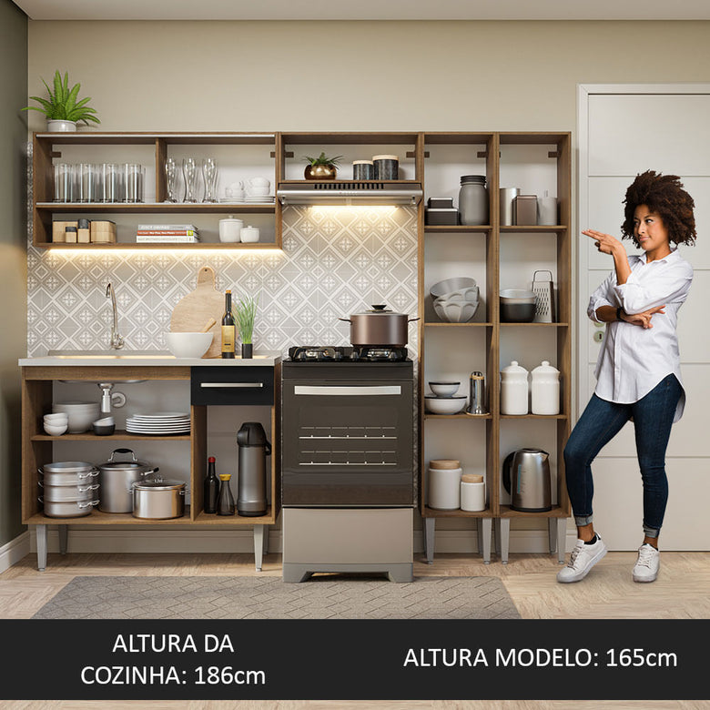 Armário de Cozinha Compacta 229cm com Pia Rustic/Preto Emilly Madesa 11
