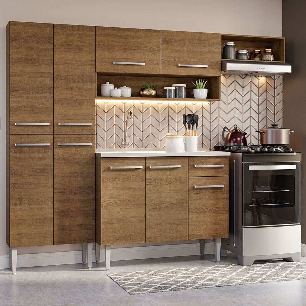 Armário de Cozinha Compacta 229cm com Pia Rustic Emilly Madesa 12 - Rustic