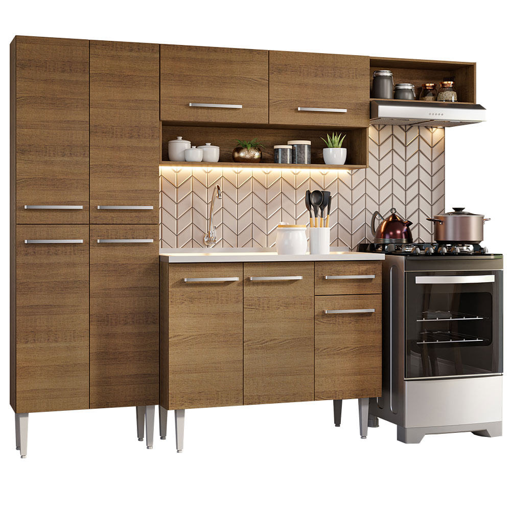 Armário de Cozinha Compacta 229cm com Pia Rustic Emilly Madesa 12 - Rustic