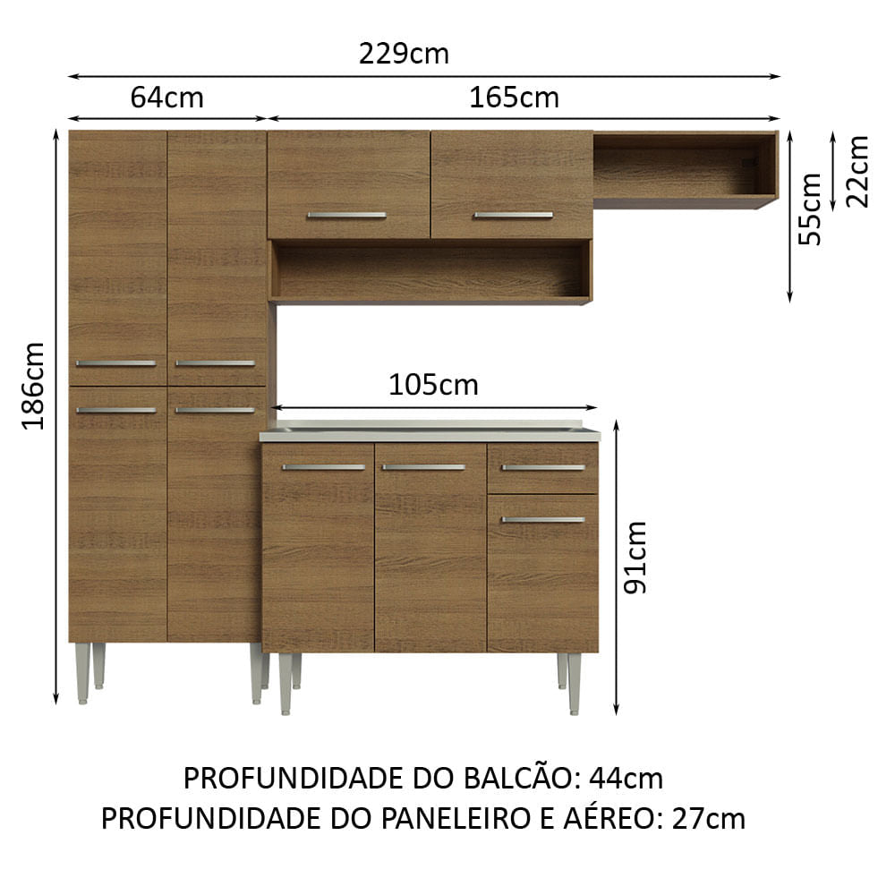Armário de Cozinha Compacta 229cm com Pia Rustic Emilly Madesa 12