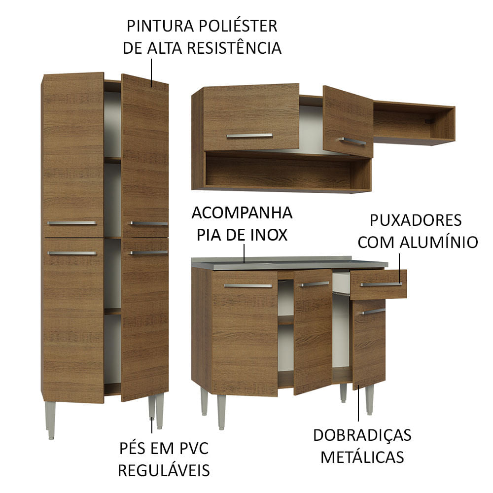 Armário de Cozinha Compacta 229cm com Pia Rustic Emilly Madesa 12