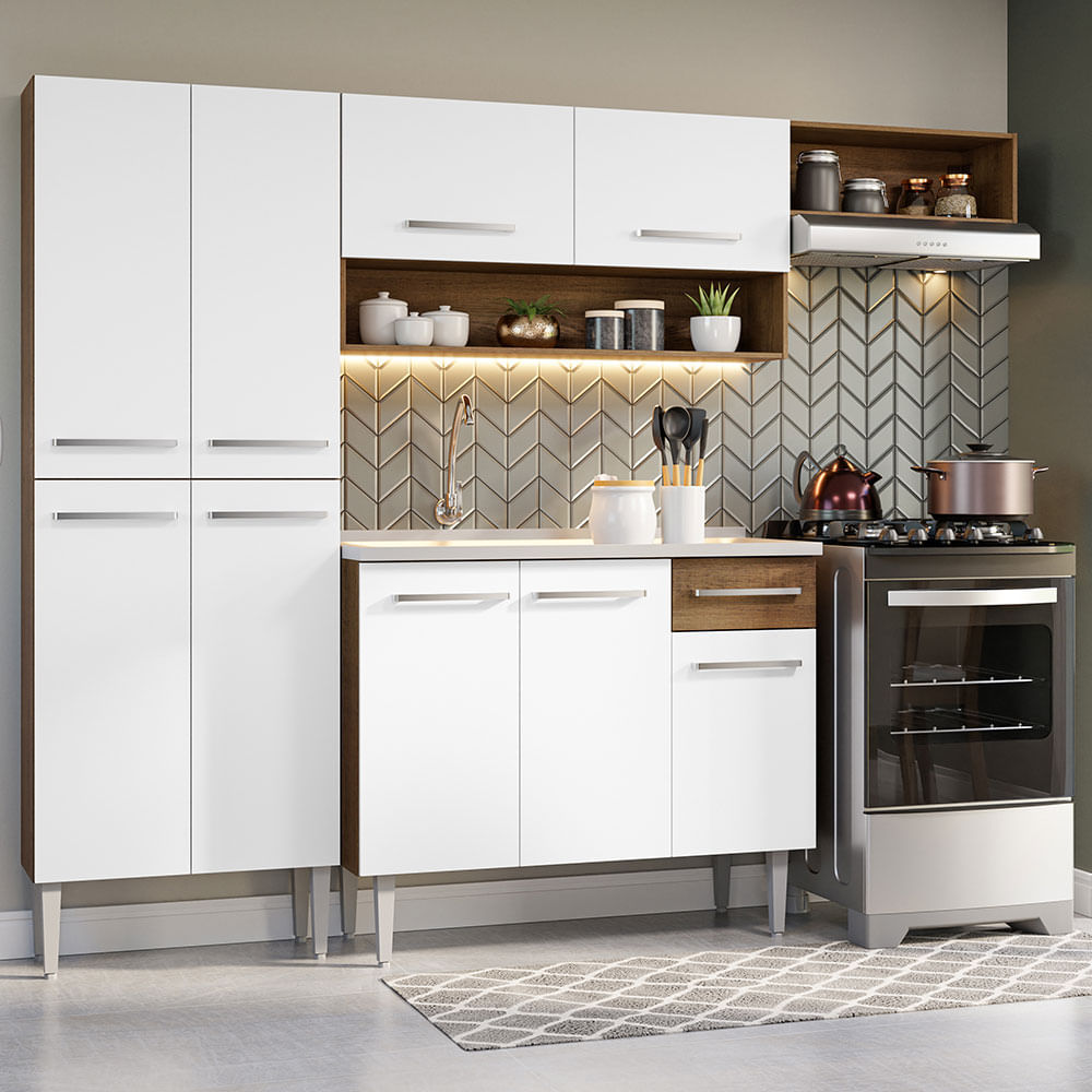 Armário de Cozinha Compacta 229cm com Pia Rustic/Branco Emilly Madesa 12 - Rustic/Branco