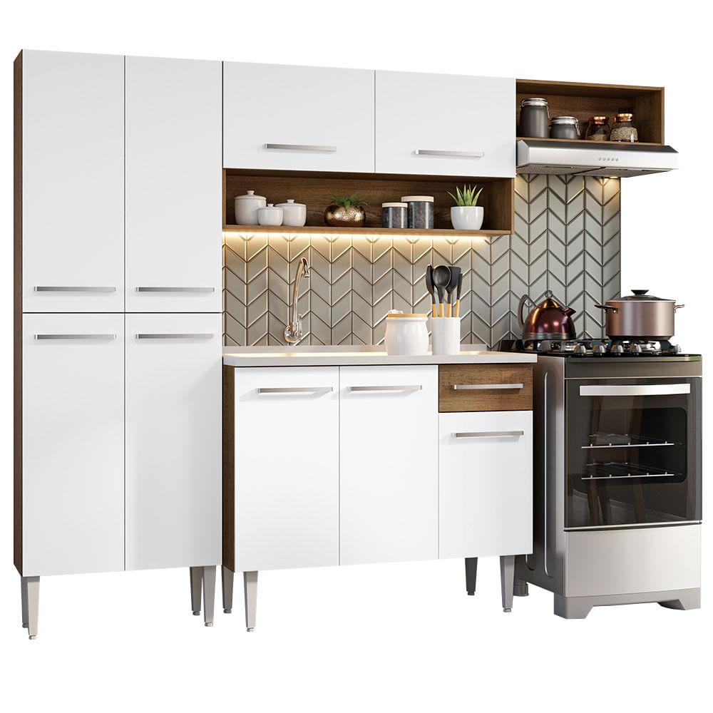 Armário de Cozinha Compacta 229cm com Pia Rustic/Branco Emilly Madesa 12 - Rustic/Branco