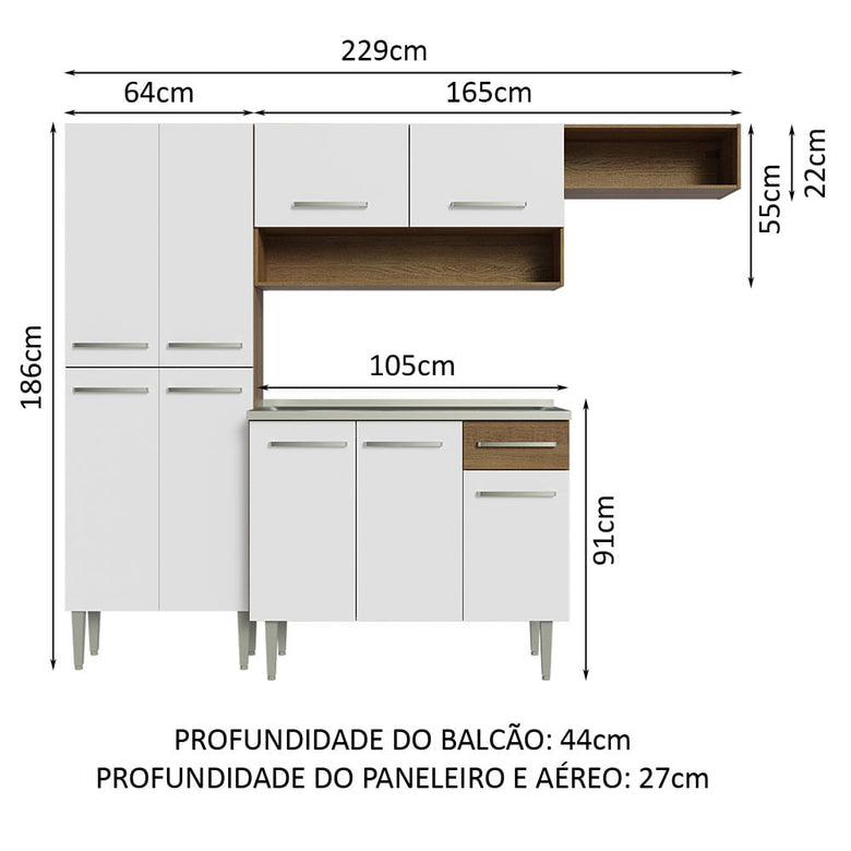 Armário de Cozinha Compacta 229cm com Pia Rustic/Branco Emilly Madesa 12