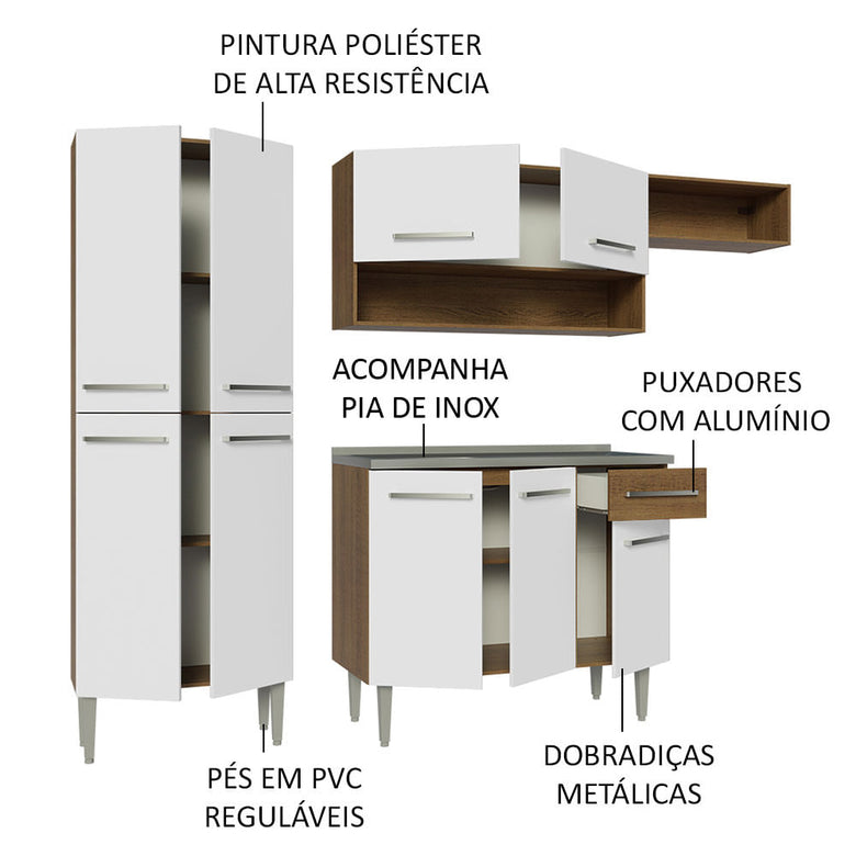 Armário de Cozinha Compacta 229cm com Pia Rustic/Branco Emilly Madesa 12