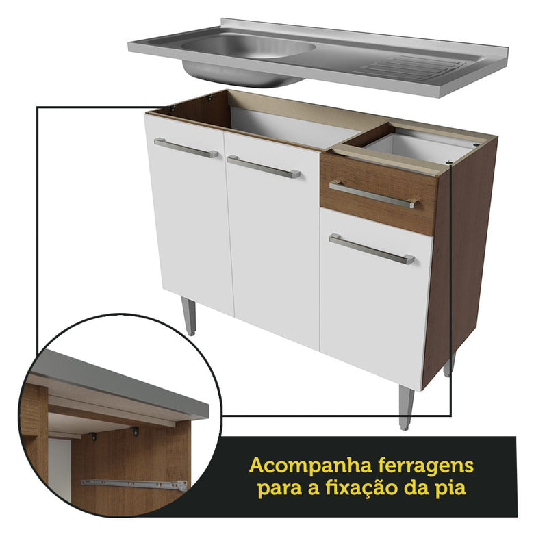 Armário de Cozinha Compacta 229cm com Pia Rustic/Branco Emilly Madesa 12
