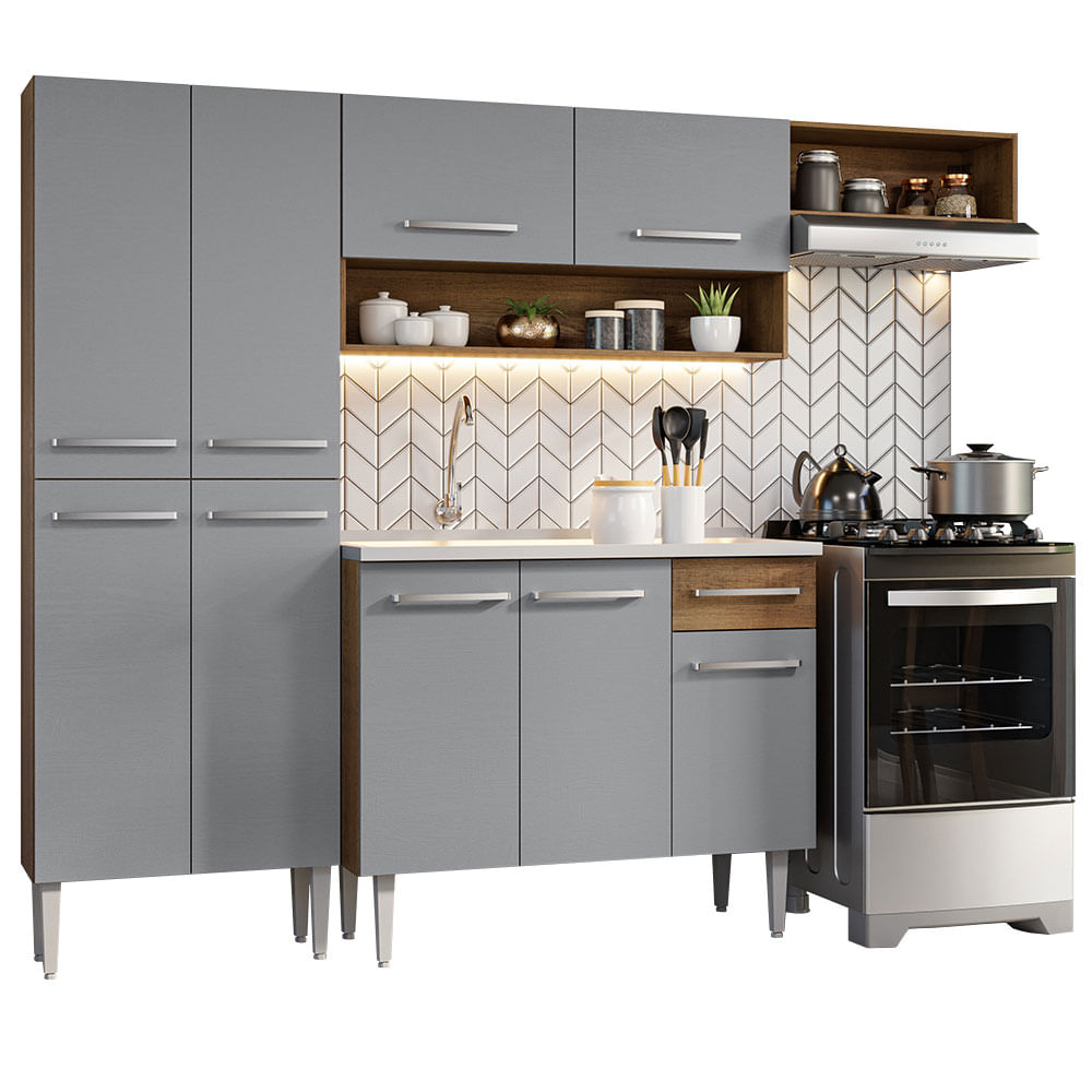 Armário de Cozinha Compacta 229cm com Pia Rustic/Cinza Emilly Madesa 12 - Rustic/Cinza