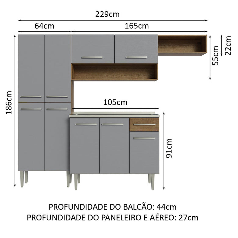 Armário de Cozinha Compacta 229cm com Pia Rustic/Cinza Emilly Madesa 12