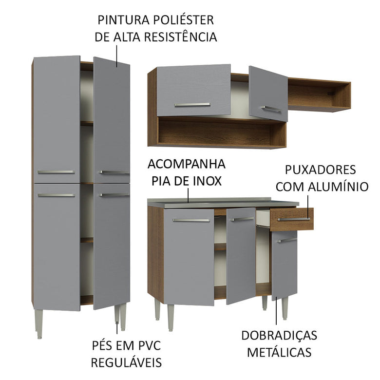 Armário de Cozinha Compacta 229cm com Pia Rustic/Cinza Emilly Madesa 12