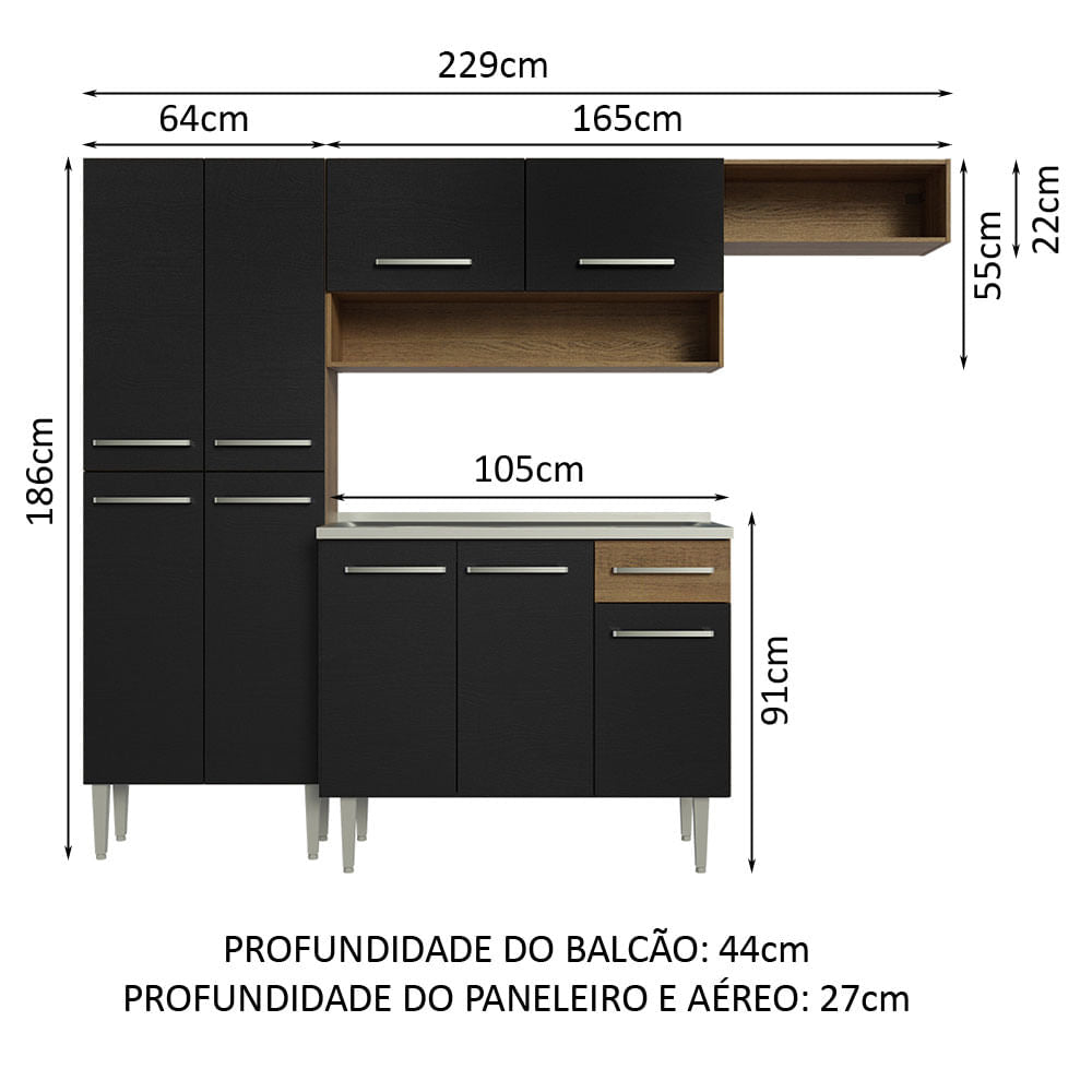Armário de Cozinha Compacta 229cm com Pia Rustic/Preto Emilly Madesa 12