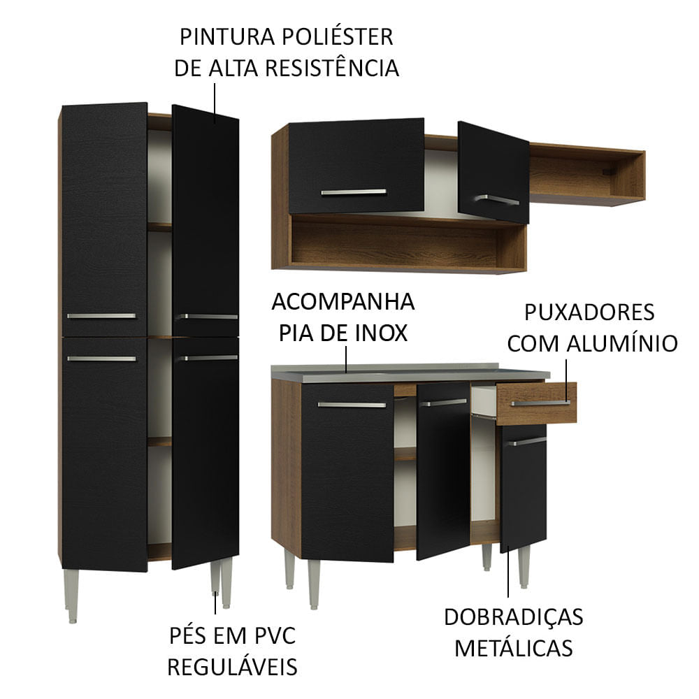 Armário de Cozinha Compacta 229cm com Pia Rustic/Preto Emilly Madesa 12