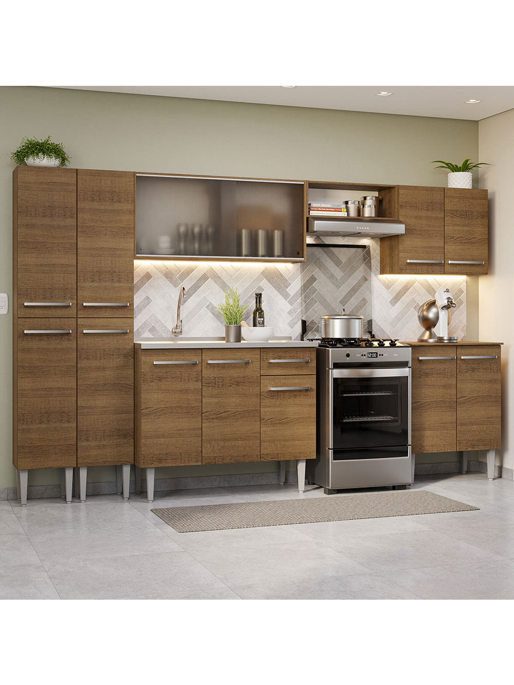 Armário de Cozinha Completa 293cm com Pia Rustic Emilly Madesa 06 - Rustic