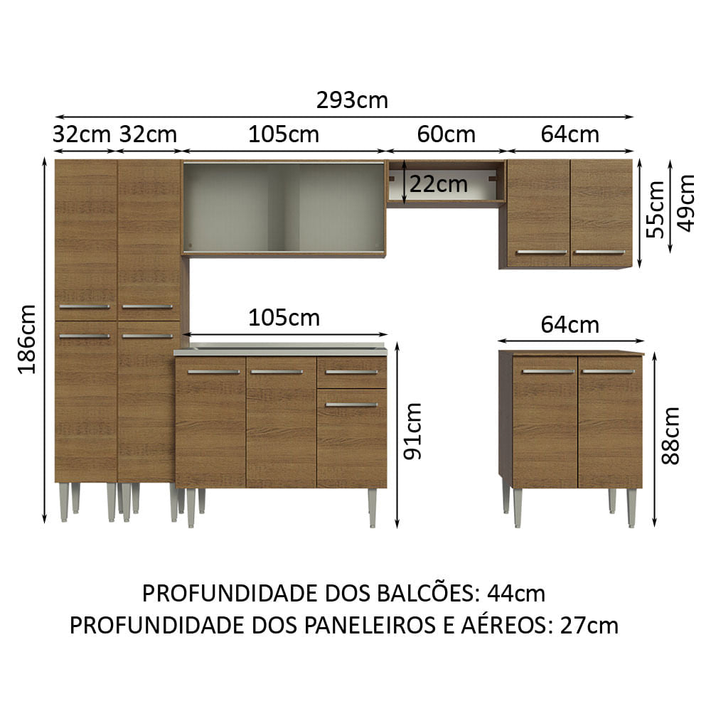 Armário de Cozinha Completa 293cm com Pia Rustic Emilly Madesa 06
