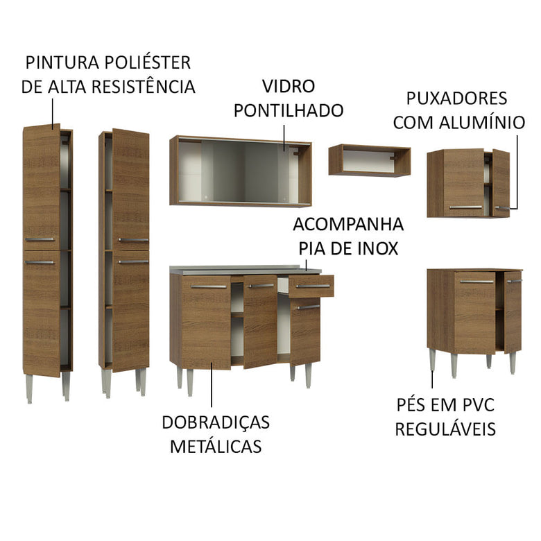 Armário de Cozinha Completa 293cm com Pia Rustic Emilly Madesa 06
