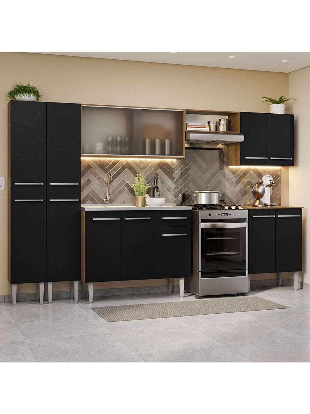 Armário de Cozinha Completa 293cm com Pia Rustic/Preto Emilly Madesa 06 - Rustic/Preto