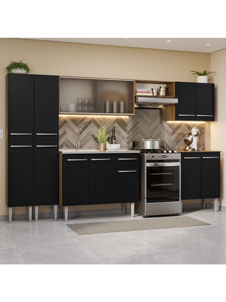 Armário de Cozinha Completa 293cm com Pia Rustic/Preto Emilly Madesa 06