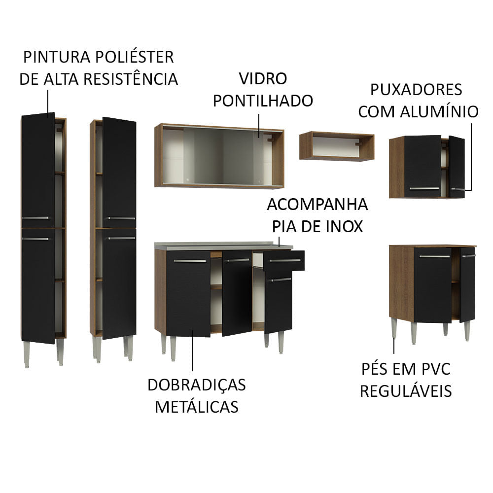 Armário de Cozinha Completa 293cm com Pia Rustic/Preto Emilly Madesa 06
