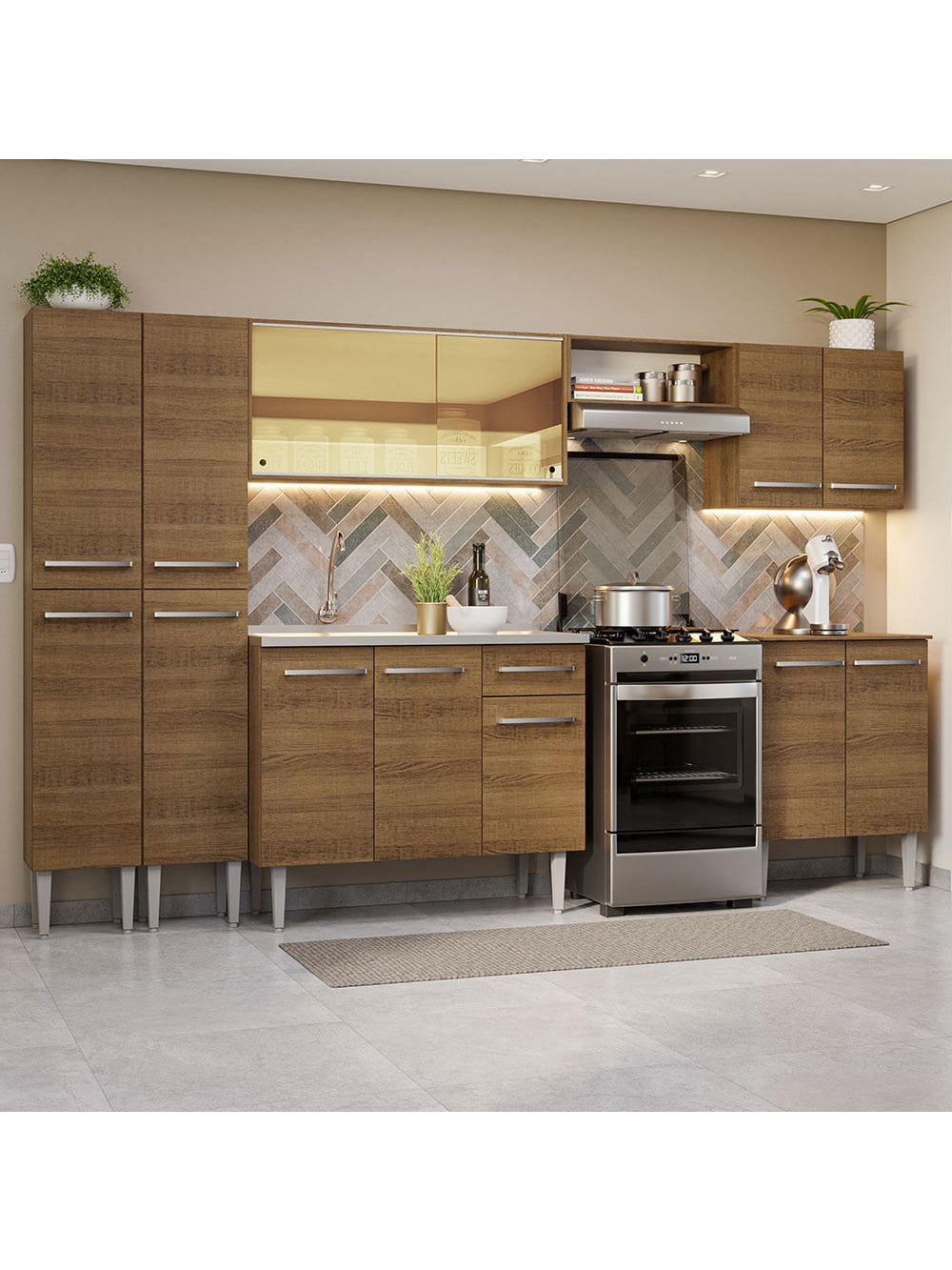 Armário de Cozinha Completa 293cm com Pia Rustic Emilly Madesa 07 - Rustic