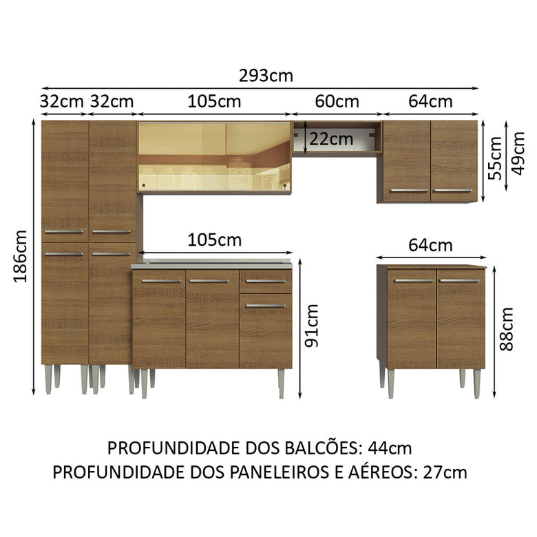 Armário de Cozinha Completa 293cm com Pia Rustic Emilly Madesa 07