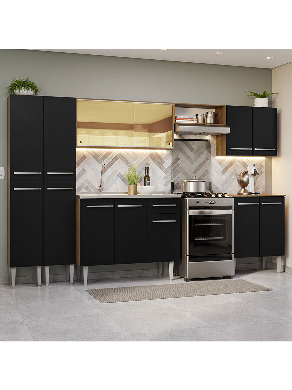 Armário de Cozinha Completa 293cm com Pia Rustic/Preto Emilly Madesa 07 - Rustic/Preto