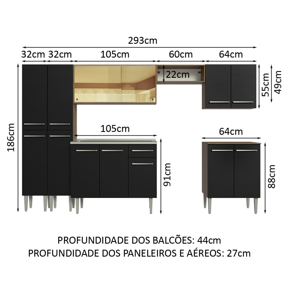 Armário de Cozinha Completa 293cm com Pia Rustic/Preto Emilly Madesa 07