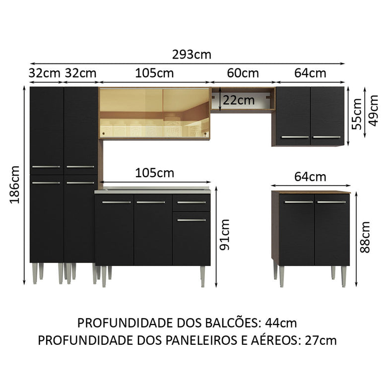 Armário de Cozinha Completa 293cm com Pia Rustic/Preto Emilly Madesa 07