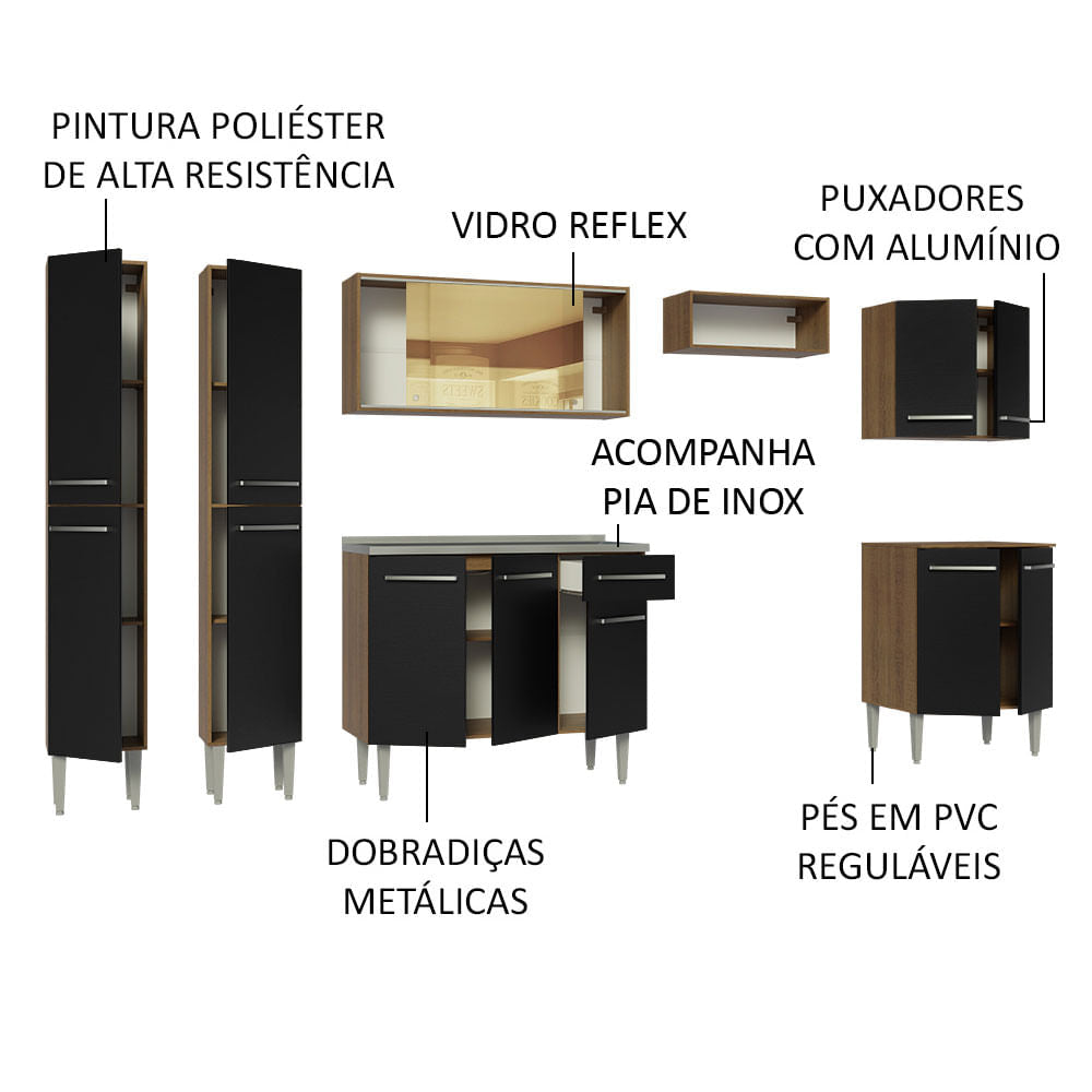 Armário de Cozinha Completa 293cm com Pia Rustic/Preto Emilly Madesa 07