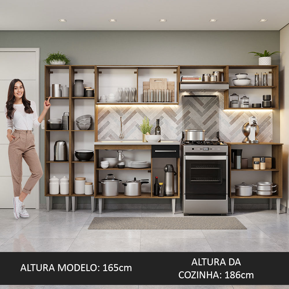Armário de Cozinha Completa 293cm com Pia Rustic/Preto Emilly Madesa 07