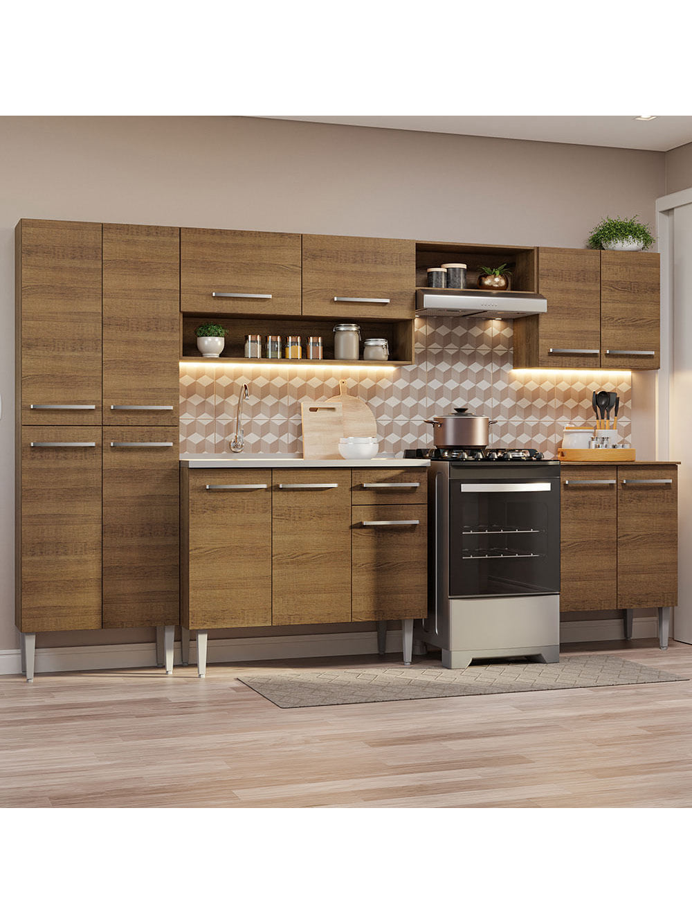 Armário de Cozinha Completa 293cm com Pia Rustic Emilly Madesa 08 - Rustic