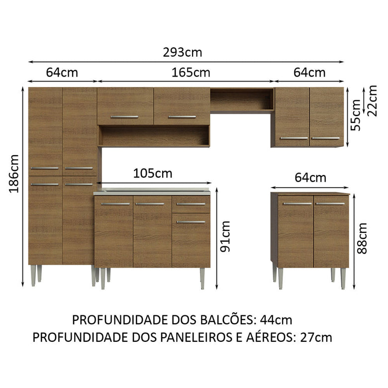 Armário de Cozinha Completa 293cm com Pia Rustic Emilly Madesa 08
