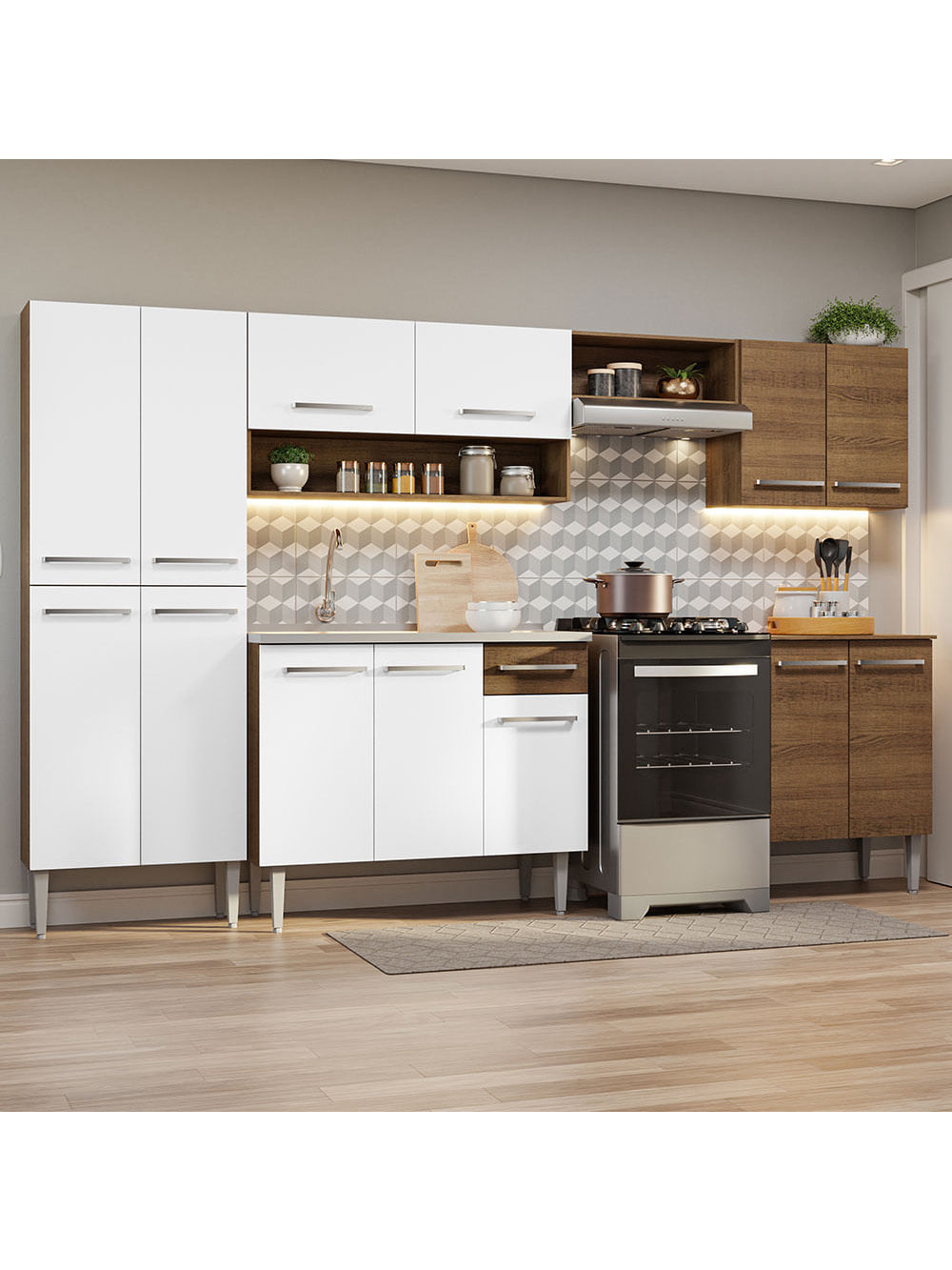 Armário de Cozinha Completa 293cm com Pia Rustic/Branco Emilly Madesa 08 - Rustic/Branco