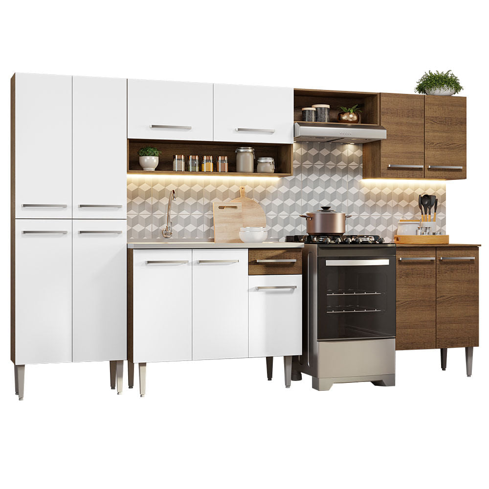 Armário de Cozinha Completa 293cm com Pia Rustic/Branco Emilly Madesa 08 - Rustic/Branco