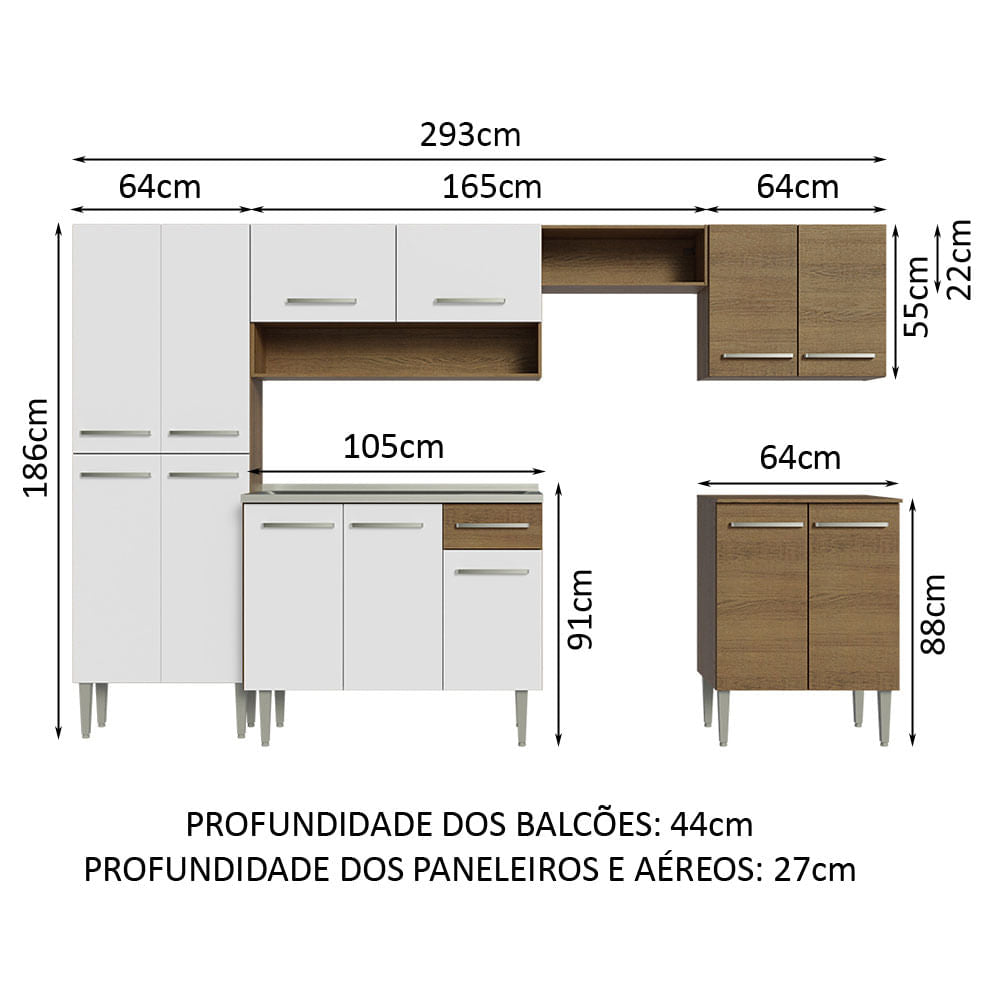 Armário de Cozinha Completa 293cm com Pia Rustic/Branco Emilly Madesa 08