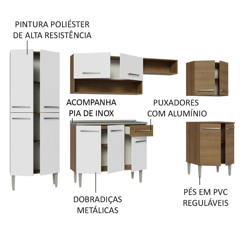 Armário de Cozinha Completa 293cm com Pia Rustic/Branco Emilly Madesa 08