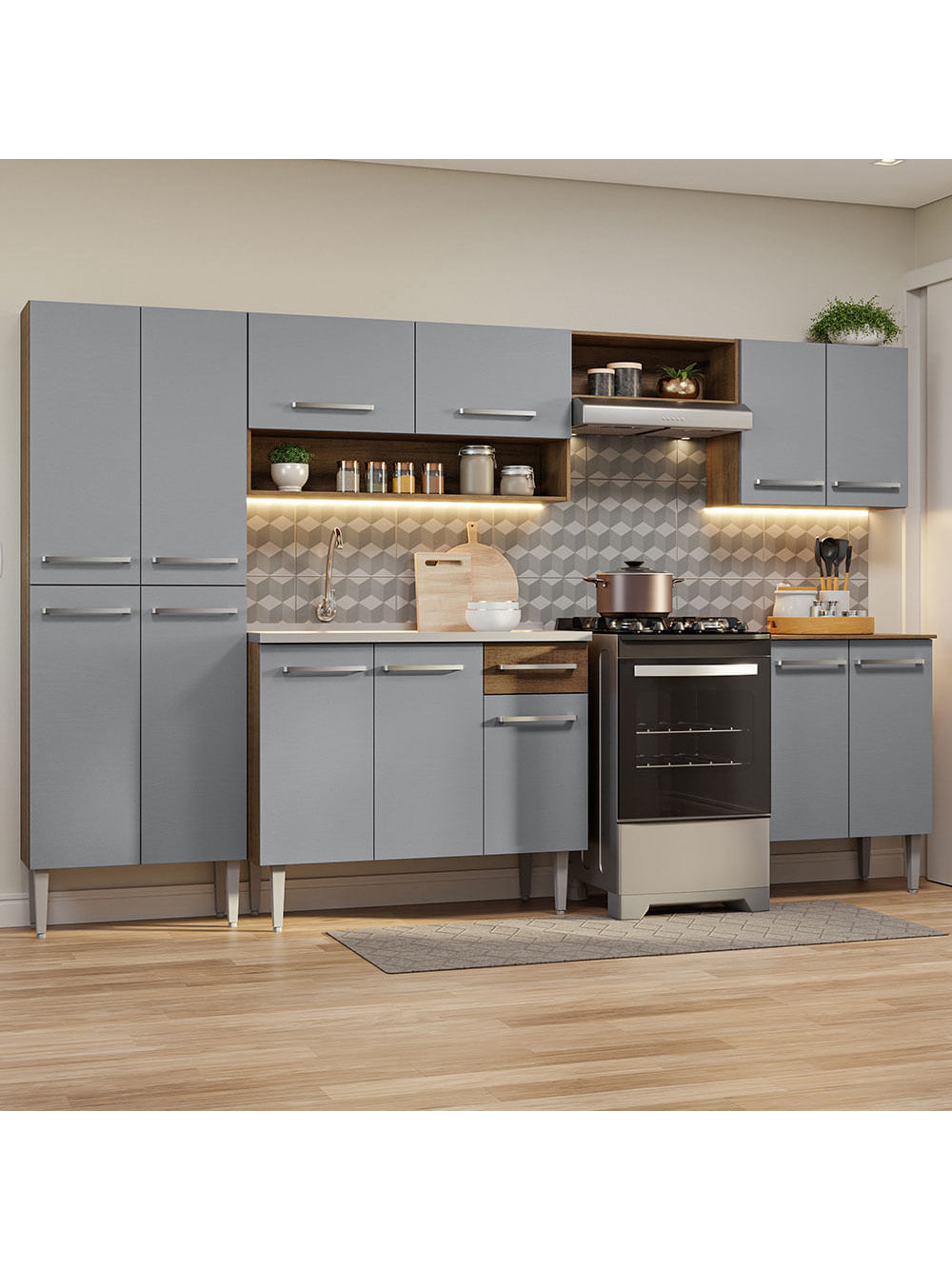 Armário de Cozinha Completa 293cm com Pia Rustic/Cinza Emilly Madesa 08 - Rustic/Cinza