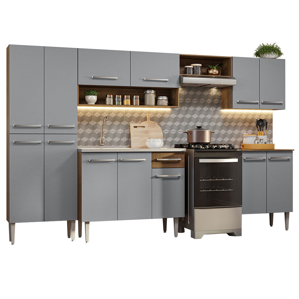 Armário de Cozinha Completa 293cm com Pia Rustic/Cinza Emilly Madesa 08 - Rustic/Cinza