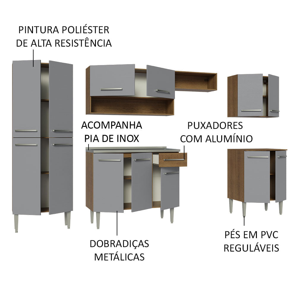 Armário de Cozinha Completa 293cm com Pia Rustic/Cinza Emilly Madesa 08