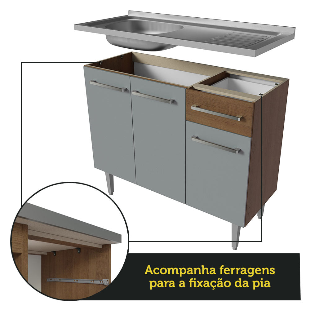 Armário de Cozinha Completa 293cm com Pia Rustic/Cinza Emilly Madesa 08