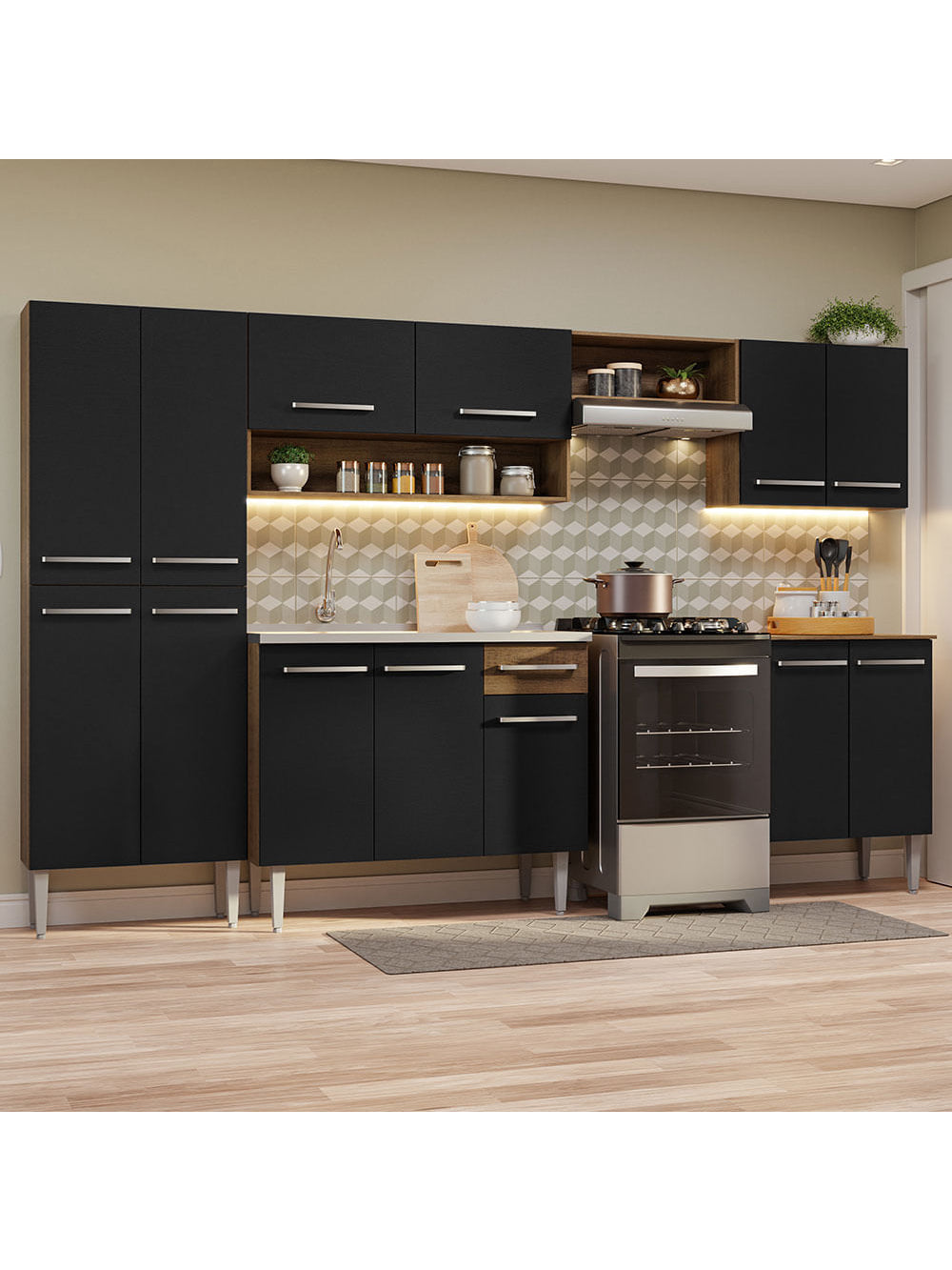 Armário de Cozinha Completa 293cm com Pia Rustic/Preto Emilly Madesa 08 - Rustic/Preto