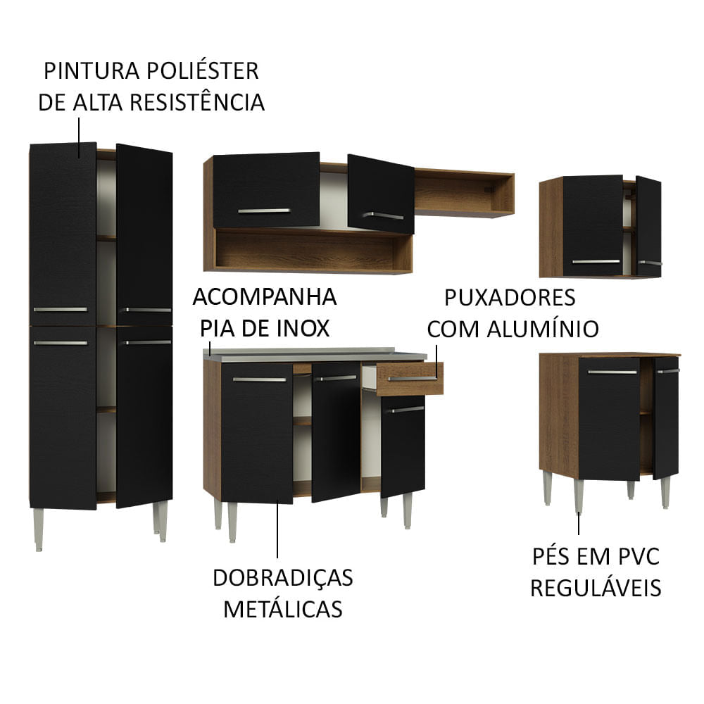 Armário de Cozinha Completa 293cm com Pia Rustic/Preto Emilly Madesa 08