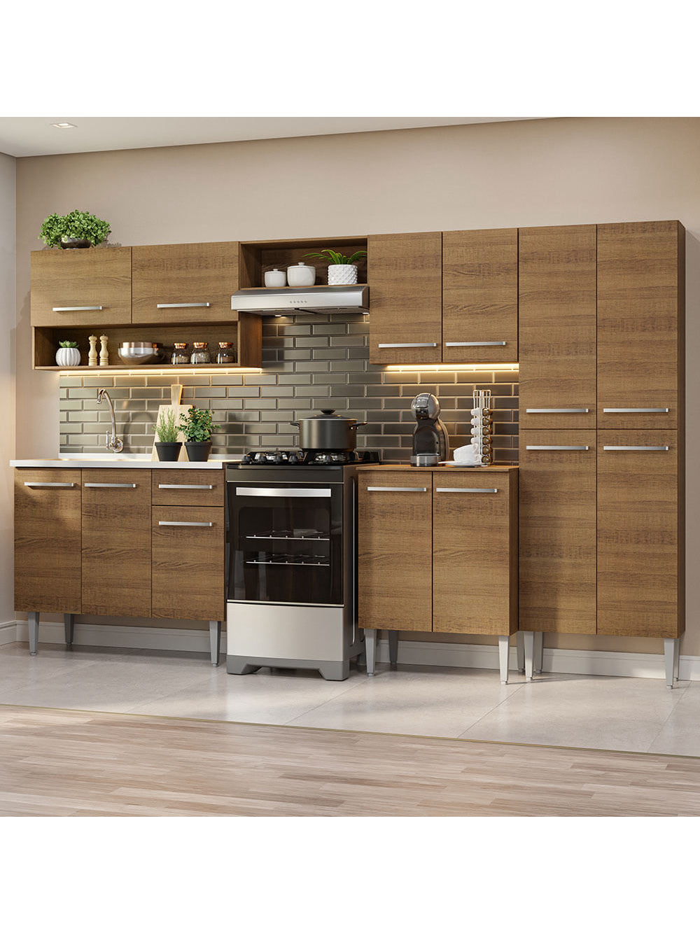 Armário de Cozinha Completa 293cm com Pia Rustic Emilly Madesa 09 - Rustic