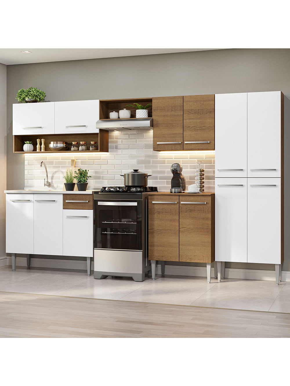 Armário de Cozinha Completa 293cm com Pia Rustic/Branco Emilly Madesa 09 - Rustic/Branco