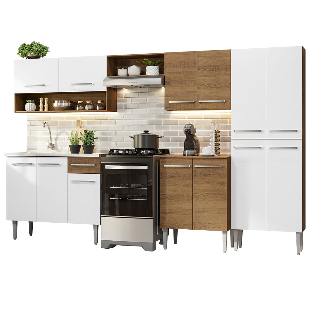Armário de Cozinha Completa 293cm com Pia Rustic/Branco Emilly Madesa 09 - Rustic/Branco