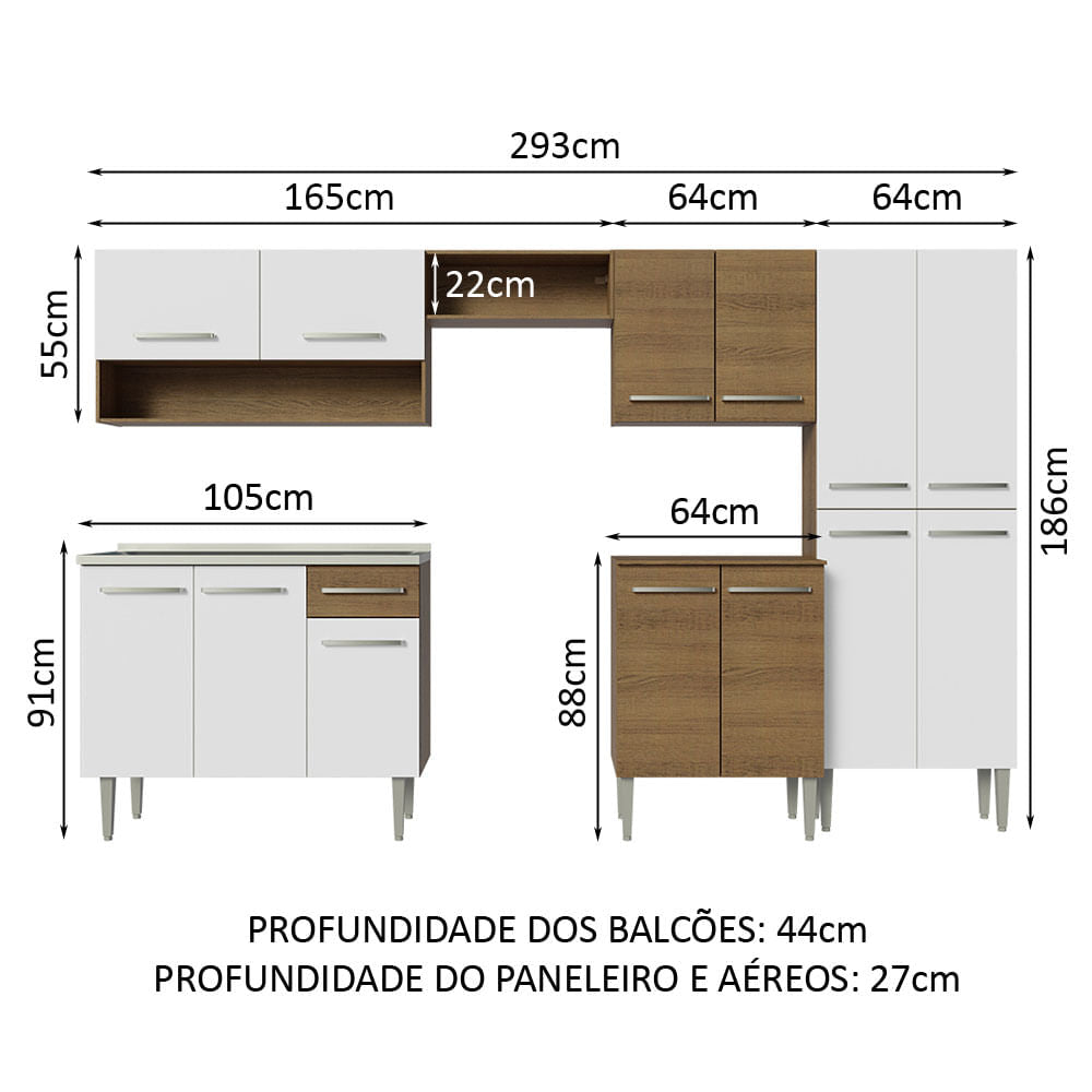 Armário de Cozinha Completa 293cm com Pia Rustic/Branco Emilly Madesa 09