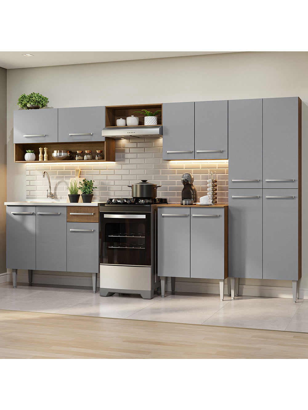 Armário de Cozinha Completa 293cm com Pia Rustic/Cinza Emilly Madesa 09 - Rustic/Cinza