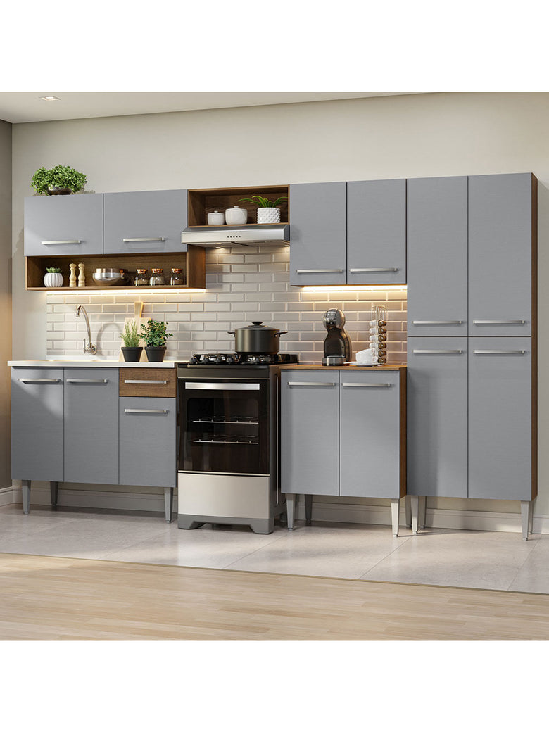 Armário de Cozinha Completa 293cm com Pia Rustic/Cinza Emilly Madesa 09