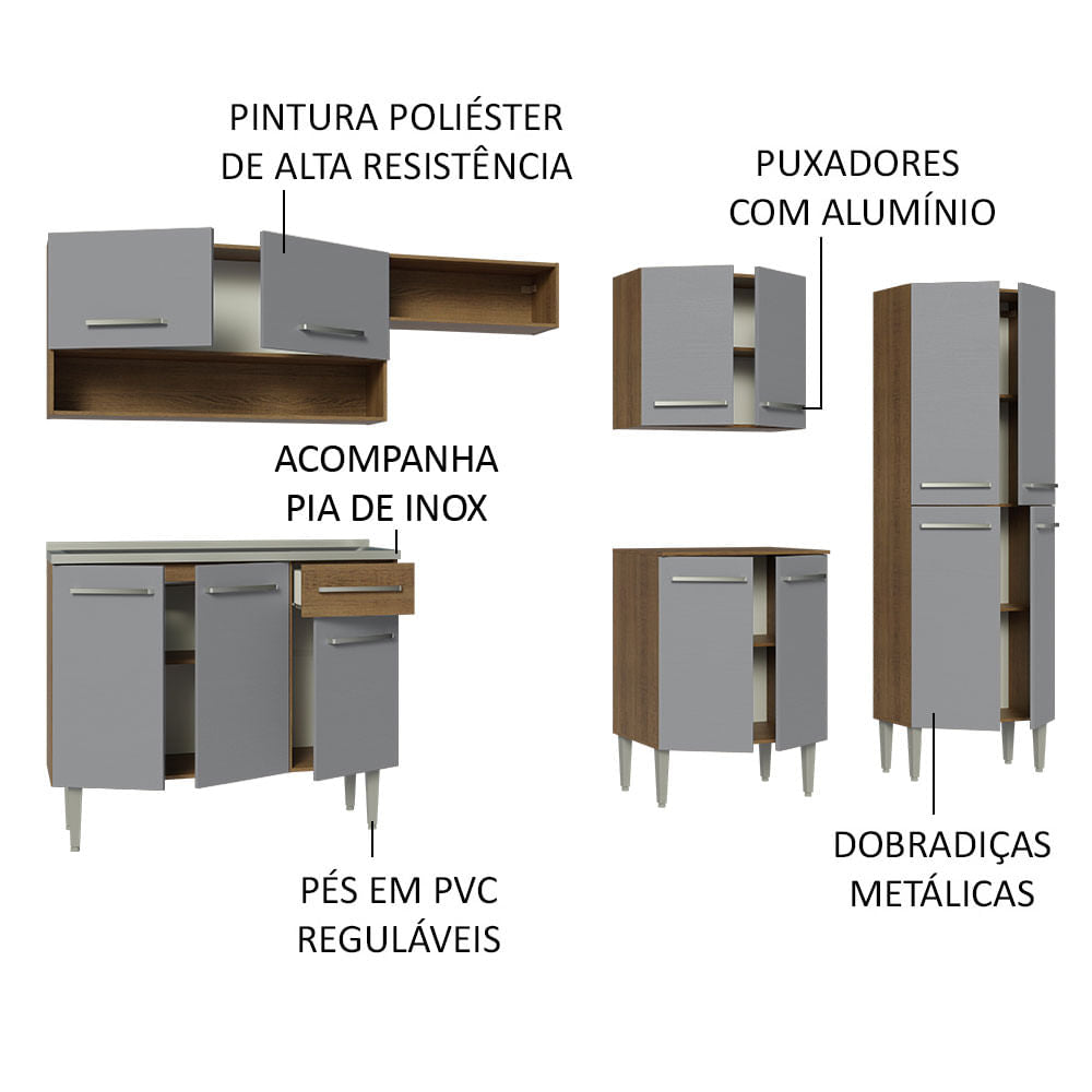 Armário de Cozinha Completa 293cm com Pia Rustic/Cinza Emilly Madesa 09